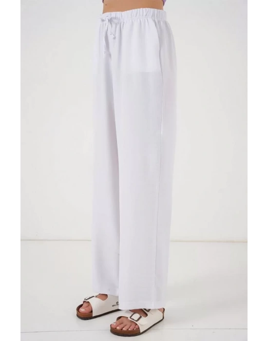 Geniş Paça Keten Pantolon 6735 - Beyaz