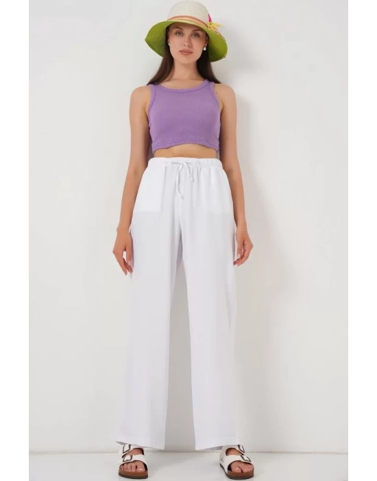 Geniş Paça Keten Pantolon 6735 - Beyaz