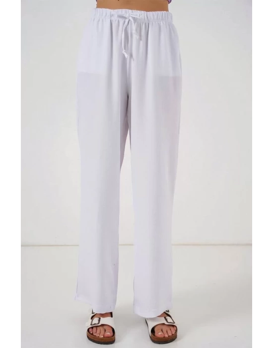 Geniş Paça Keten Pantolon 6735 - Beyaz