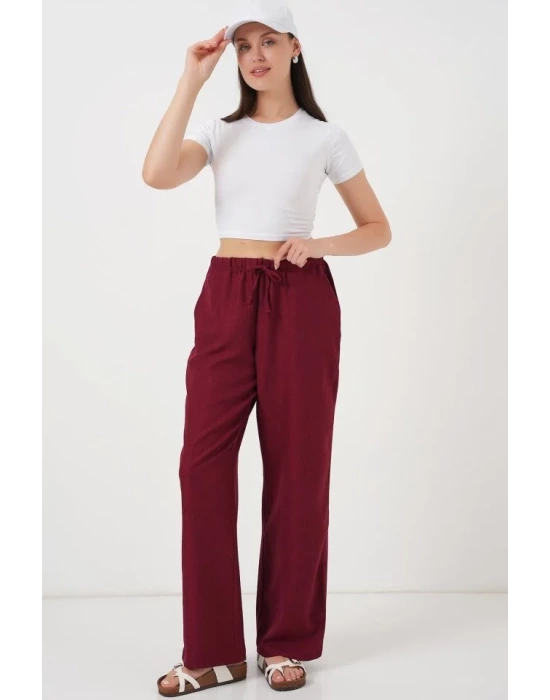 Geniş Paça Keten Pantolon 6735 - Bordo