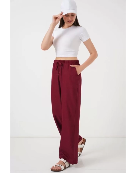 Geniş Paça Keten Pantolon 6735 - Bordo