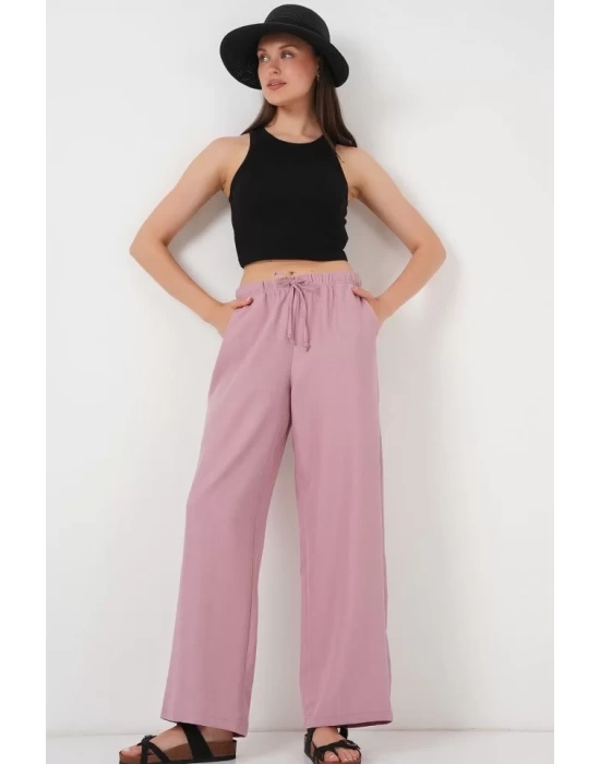 Geniş Paça Keten Pantolon 6735 - Gül Kurusu