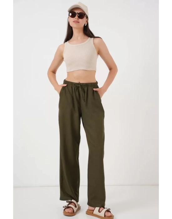 Geniş Paça Keten Pantolon 6735 - Haki