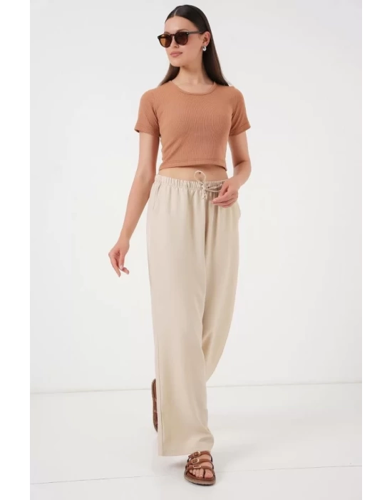 Geniş Paça Keten Pantolon 6735 - Krem