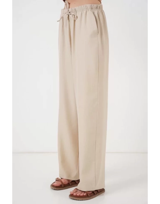 Geniş Paça Keten Pantolon 6735 - Krem