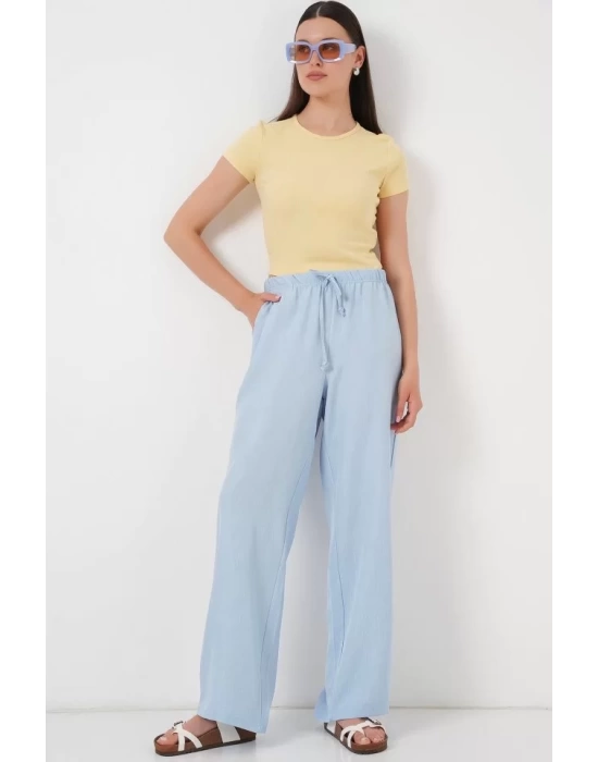 Geniş Paça Keten Pantolon 6735 - Mavi