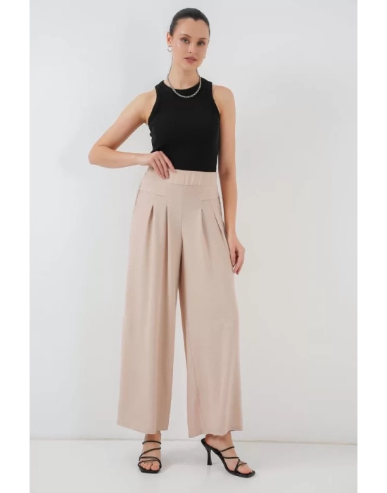 Geniş Paça Pileli Pantolon 6718 - Krem