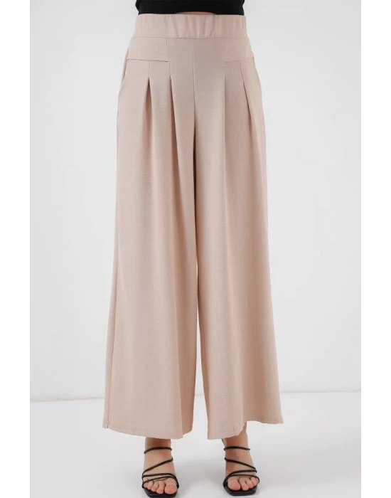 Geniş Paça Pileli Pantolon 6718 - Krem