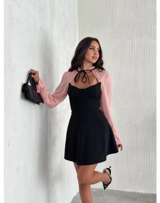 Göğsü Bağlamalı  Kalp Yaka Kolları Şifon Mini Elbise - Siyah Pembe
