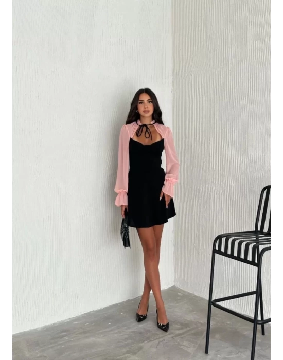 Göğsü Bağlamalı  Kalp Yaka Kolları Şifon Mini Elbise - Siyah Pembe