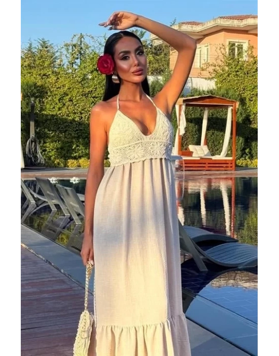 Göğsü Trikolu Keten Uzun Elbise 2904-08