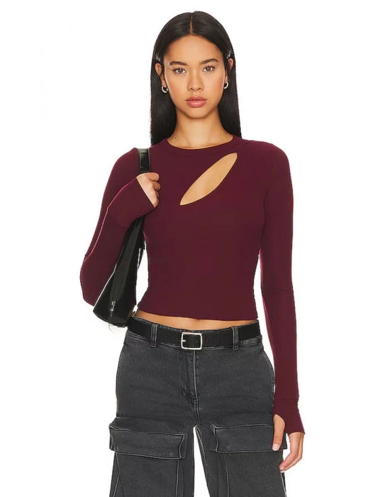 bysoca Kadın Bordo Göğüs Dekolteli Bisiklet Yaka Uzun Kollu Parmak Geçmeli Crop Top