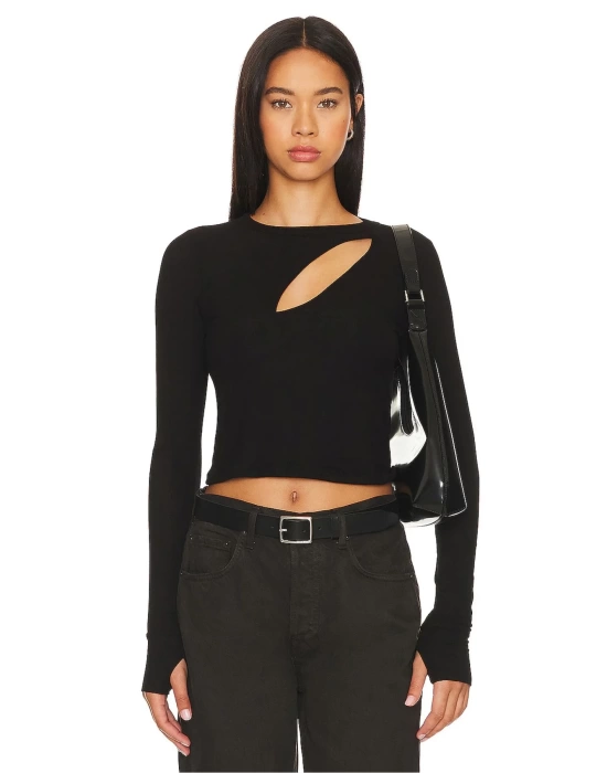 bysoca Kadın Siyah Göğüs Dekolteli Bisiklet Yaka Uzun Kollu Parmak Geçmeli Crop Top