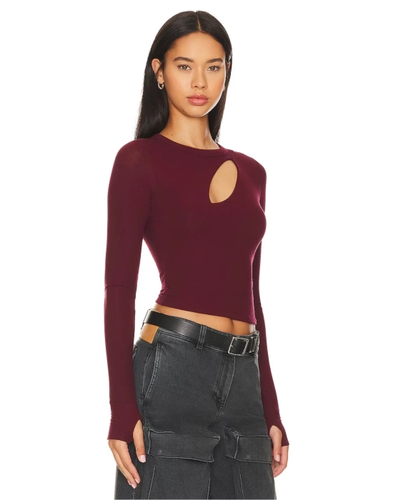 bysoca Kadın Bordo Göğüs Dekolteli Bisiklet Yaka Uzun Kollu Parmak Geçmeli Crop Top