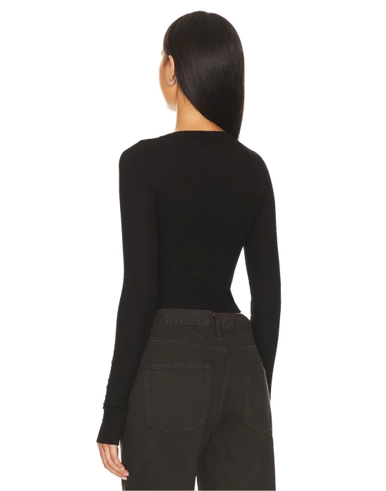 bysoca Kadın Siyah Göğüs Dekolteli Bisiklet Yaka Uzun Kollu Parmak Geçmeli Crop Top