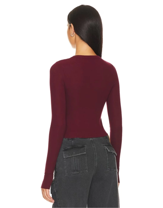 bysoca Kadın Bordo Göğüs Dekolteli Bisiklet Yaka Uzun Kollu Parmak Geçmeli Crop Top