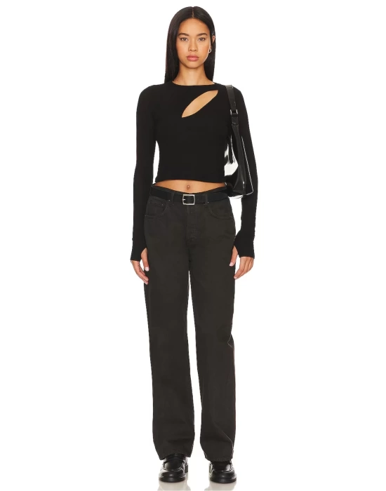 bysoca Kadın Siyah Göğüs Dekolteli Bisiklet Yaka Uzun Kollu Parmak Geçmeli Crop Top