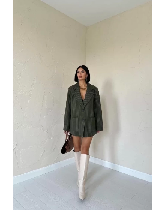 Haki Çizgili Oversize Ceket