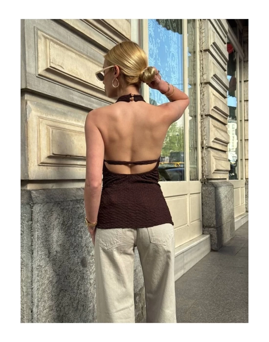 bysoca Kadın Acı Kahve Halter Yaka Sırtı Açık Boyundan Bağlamalı Gofre Dokulu Yazlık Crop Bluz