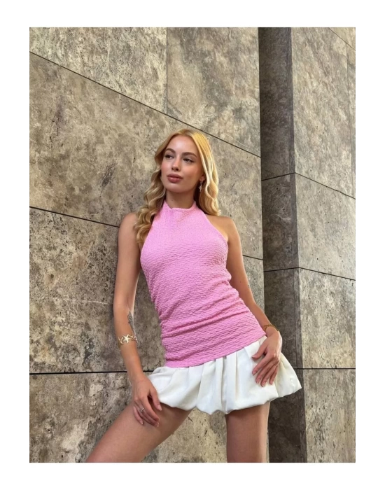 bysoca Kadın Pembe Halter Yaka Sırtı Açık Boyundan Bağlamalı Gofre Dokulu Yazlık Crop Bluz