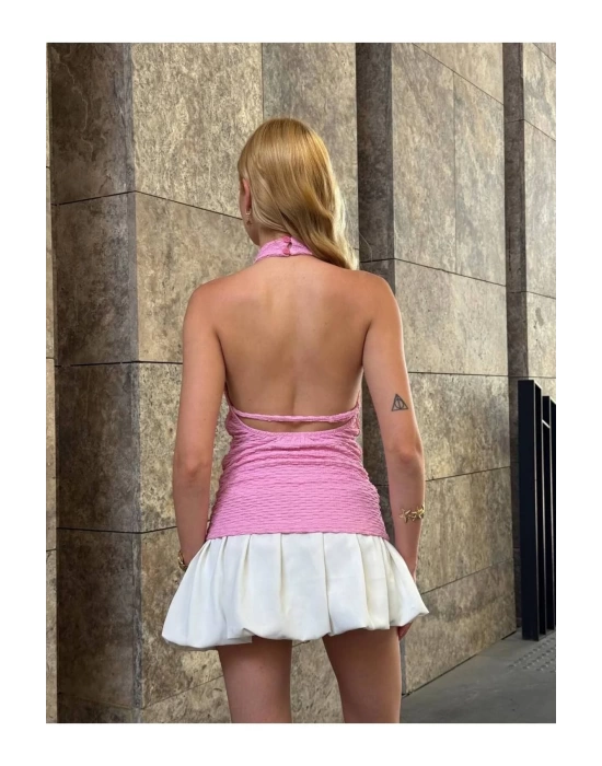 bysoca Kadın Pembe Halter Yaka Sırtı Açık Boyundan Bağlamalı Gofre Dokulu Yazlık Crop Bluz