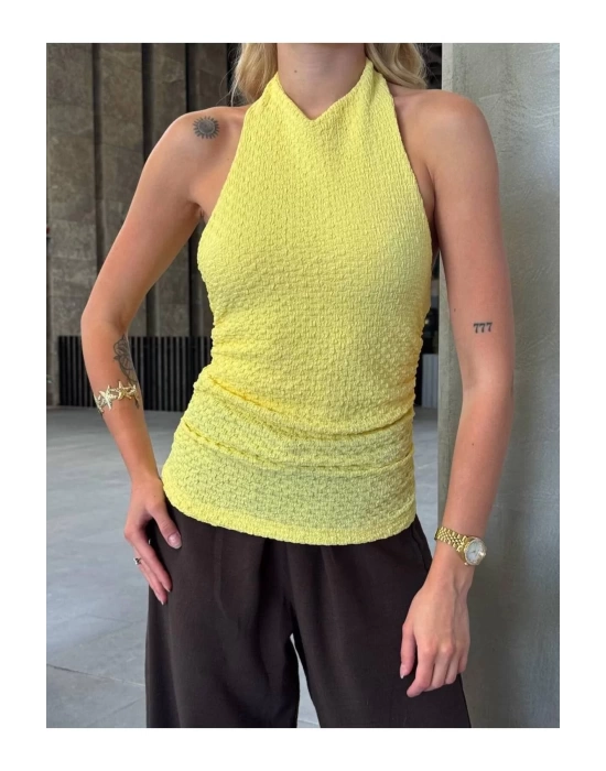 bysoca Kadın Sarı Halter Yaka Sırtı Açık Boyundan Bağlamalı Gofre Dokulu Yazlık Crop Bluz