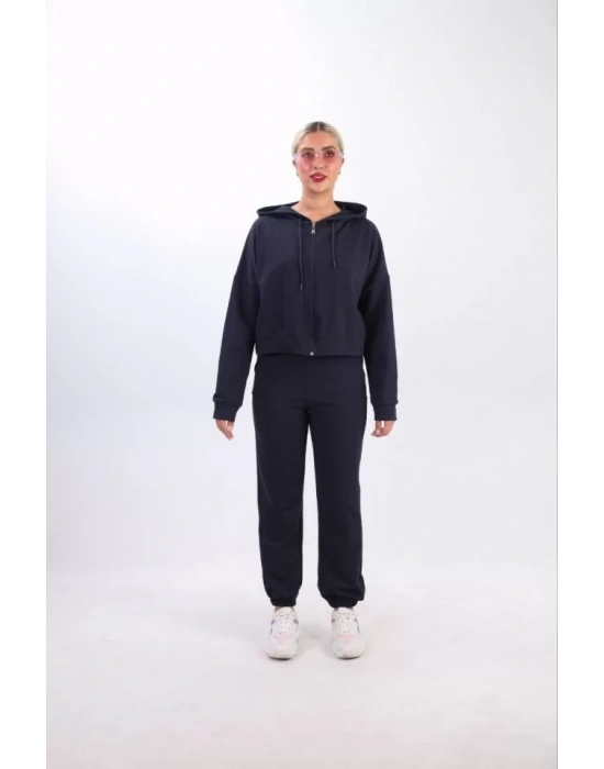 Iki Iplik Kapüşonlu Fermuarlı Crop Oversize Hırka Takım- Lacivert