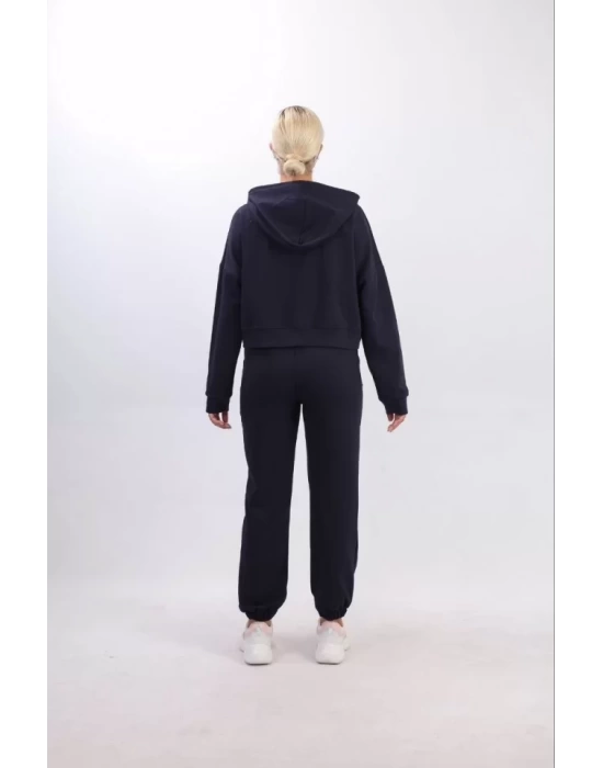 Iki Iplik Kapüşonlu Fermuarlı Crop Oversize Hırka Takım- Lacivert