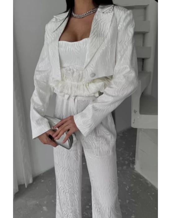 JAKARLI BLUZU TASARIM DETAYLI CEKET-PANTOLON-BLUZ 3 LÜ TAKIM - Beyaz