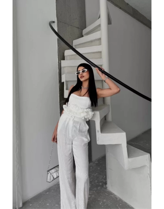 JAKARLI BLUZU TASARIM DETAYLI CEKET-PANTOLON-BLUZ 3 LÜ TAKIM - Beyaz