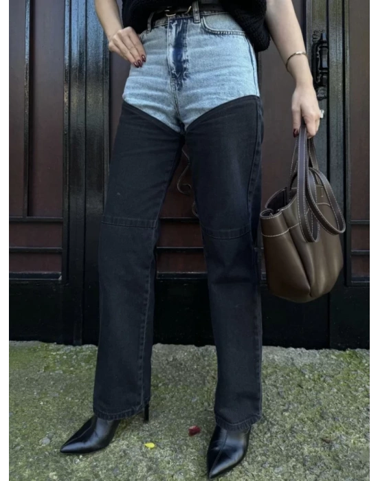 Jeans Kot Parçalı Palazzo Pantolon - Siyah