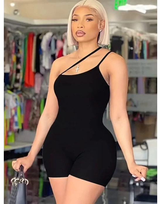 Kadın Asimetrik Askılı Mini Kaşkorse Bodycon Tulum