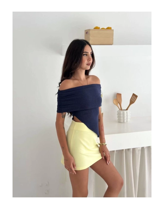 bysoca Kadın Lacivert Carmen Yaka Düşük Omuz Asimetrik Kesim Ottoman Kumaş Crop Bluz
