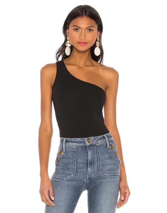 bysoca Kadın Siyah Asimetrik Kesim Tek Omuz Vücudu Saran Jarse Basic Tanga Bodysuit
