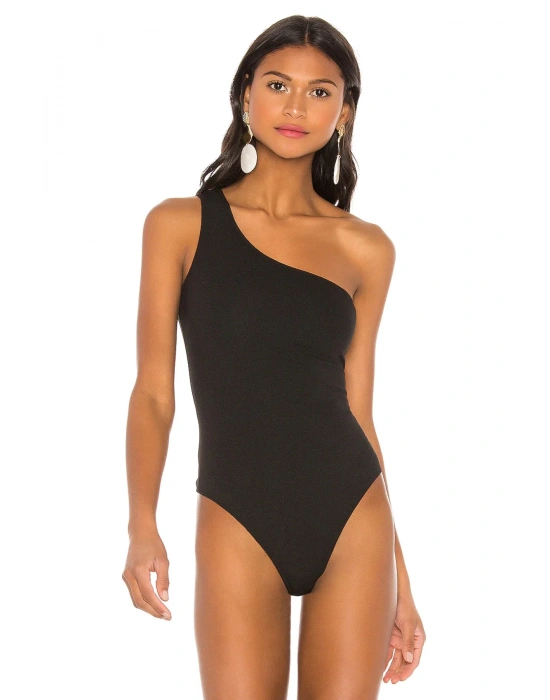 bysoca Kadın Siyah Asimetrik Kesim Tek Omuz Vücudu Saran Jarse Basic Tanga Bodysuit