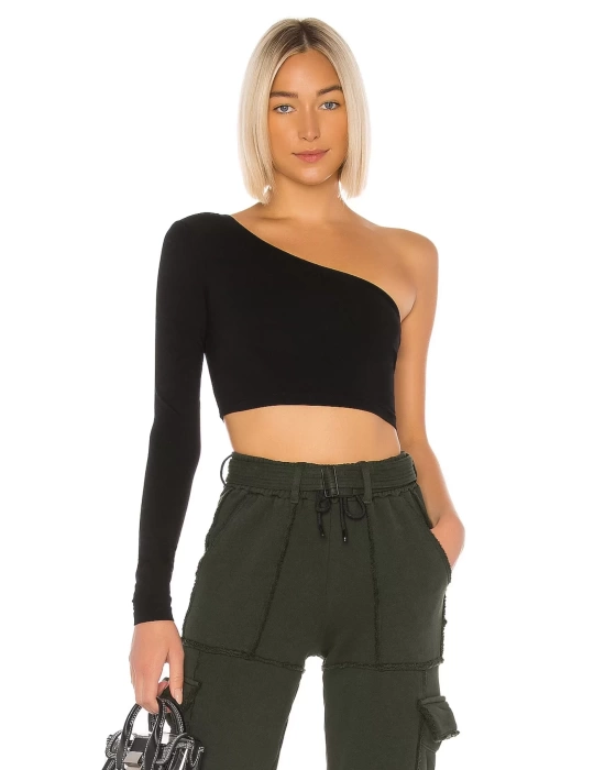 bysoca Kadın Siyah Asimetrik Kesim Tek Omuz Uzun Kollu Vücudu Saran Jarse Crop Top