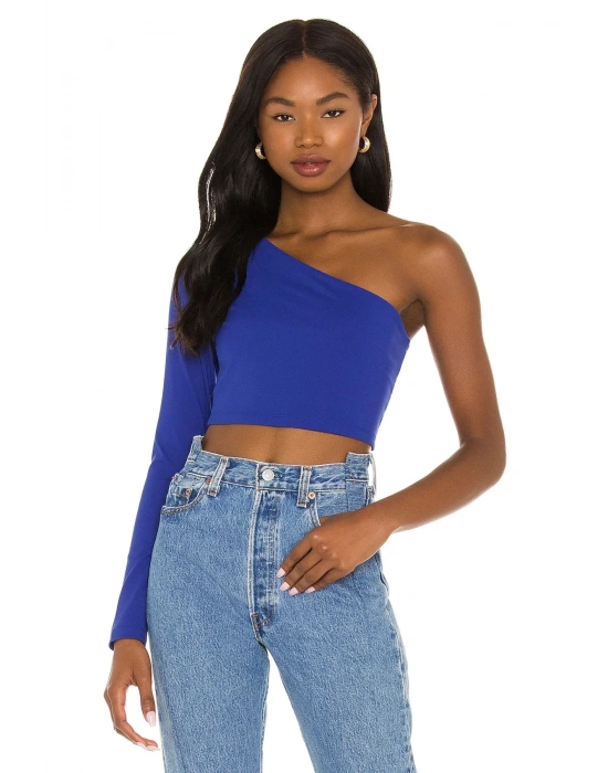 bysoca Kadın Saks Mavisi Asimetrik Kesim Tek Omuz Uzun Kollu Vücudu Saran Jarse Crop Top