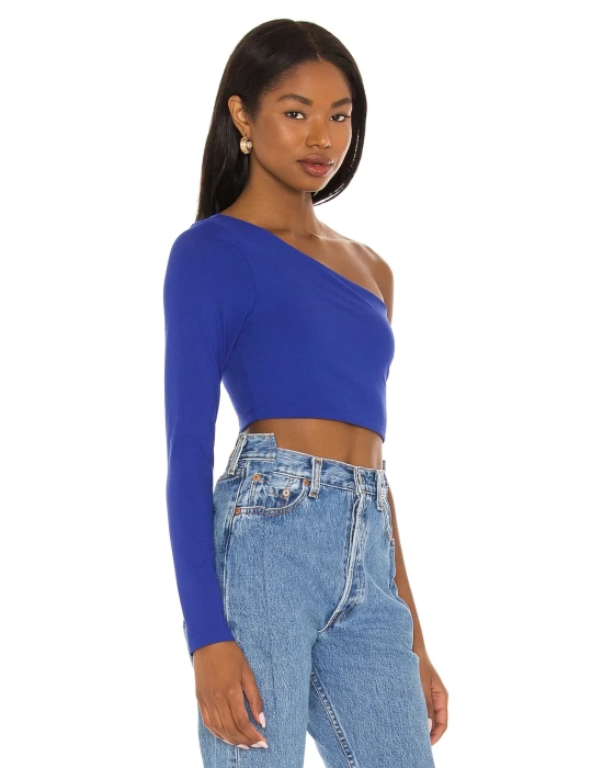 bysoca Kadın Saks Mavisi Asimetrik Kesim Tek Omuz Uzun Kollu Vücudu Saran Jarse Crop Top