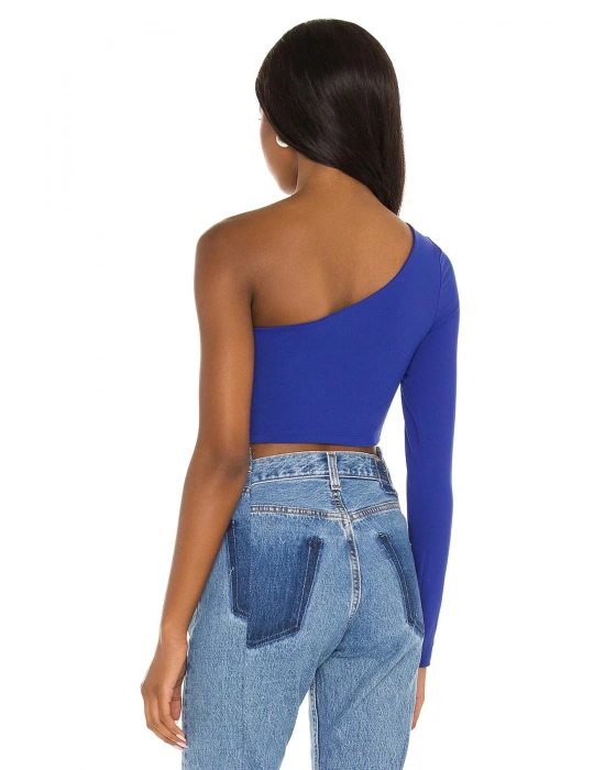 bysoca Kadın Saks Mavisi Asimetrik Kesim Tek Omuz Uzun Kollu Vücudu Saran Jarse Crop Top