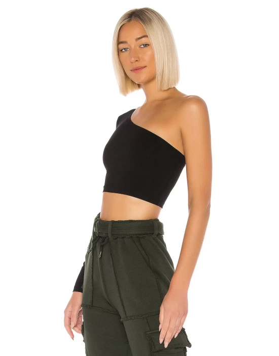 bysoca Kadın Siyah Asimetrik Kesim Tek Omuz Uzun Kollu Vücudu Saran Jarse Crop Top
