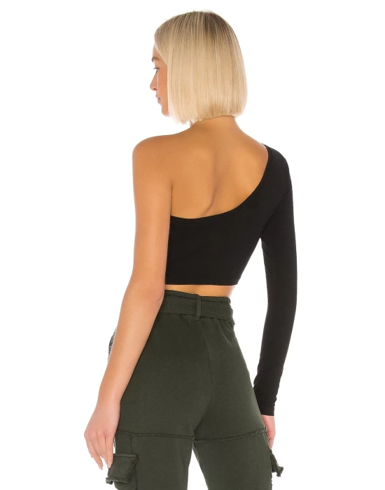 bysoca Kadın Siyah Asimetrik Kesim Tek Omuz Uzun Kollu Vücudu Saran Jarse Crop Top