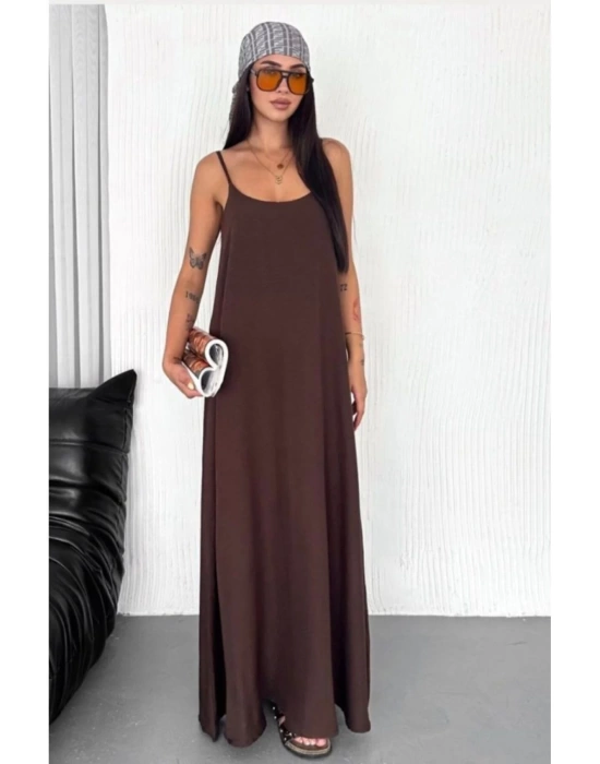Kadın Askılı Ayrobin Uzun Elbise Cepli Oversize Model Sırtı Açık Göğüs Dekolteli - Yazlık