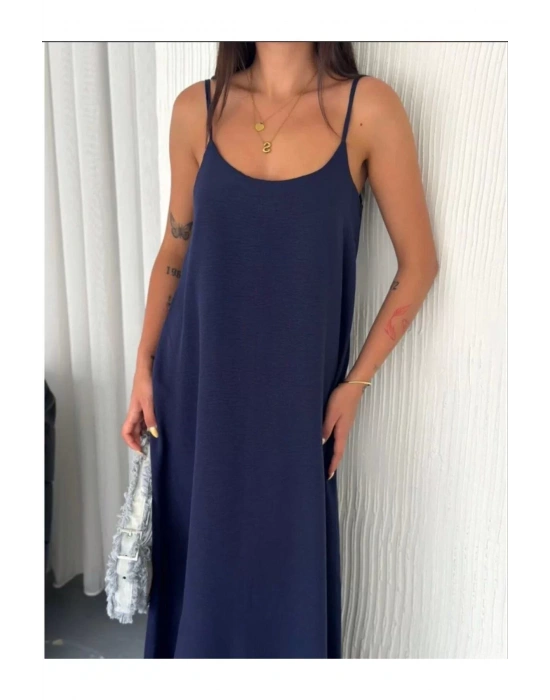 Kadın Askılı Ayrobin Uzun Elbise Cepli Oversize Model Sırtı Açık Göğüs Dekolteli - Yazlık