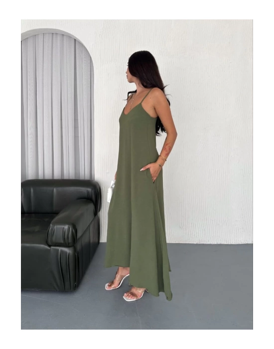 Kadın Askılı Ayrobin Uzun Elbise Cepli Oversize Model Sırtı Açık Göğüs Dekolteli - Yazlık