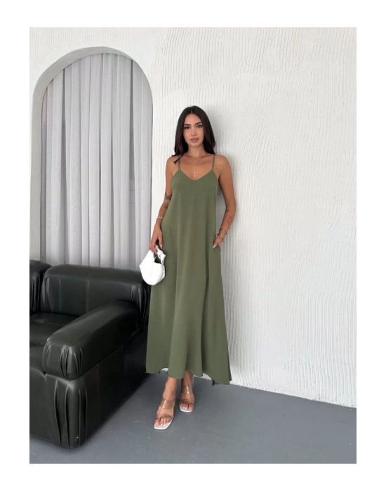 Kadın Askılı Ayrobin Uzun Elbise Cepli Oversize Model Sırtı Açık Göğüs Dekolteli - Yazlık