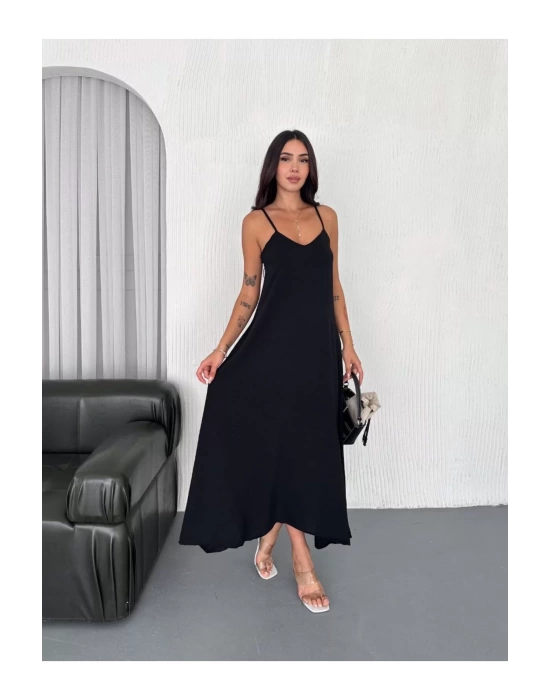 Kadın Askılı Ayrobin Uzun Elbise Cepli Oversize Model Sırtı Açık Göğüs Dekolteli - Yazlık