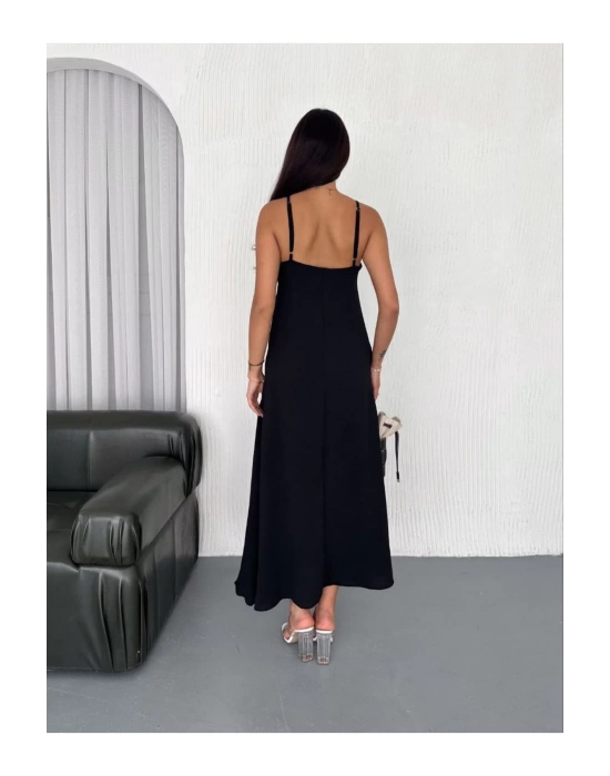 Kadın Askılı Ayrobin Uzun Elbise Cepli Oversize Model Sırtı Açık Göğüs Dekolteli - Yazlık