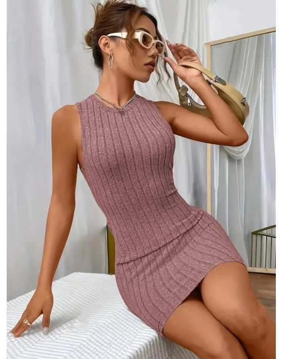 Kadın Askılı Bisiklet Yaka Kalın Fitilli Kaşkorse Mini Elbise
