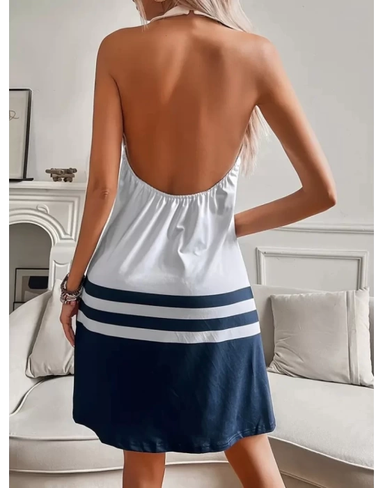Kadın Askılı çıpa Baskılı Sırtı Açık Kısa Süprem Elbise