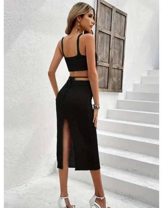 Kadın Askılı Crop Bel Detaylı Derin Yırtmaçlı Etek Triko Ikili Takım